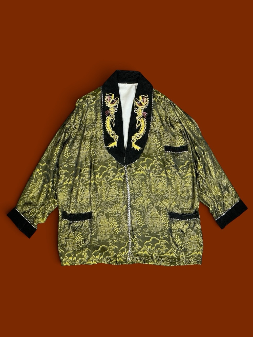 Vintage Japanese Smoking Jacket Gold Black Embroidered Dragon Velvet 1950s L